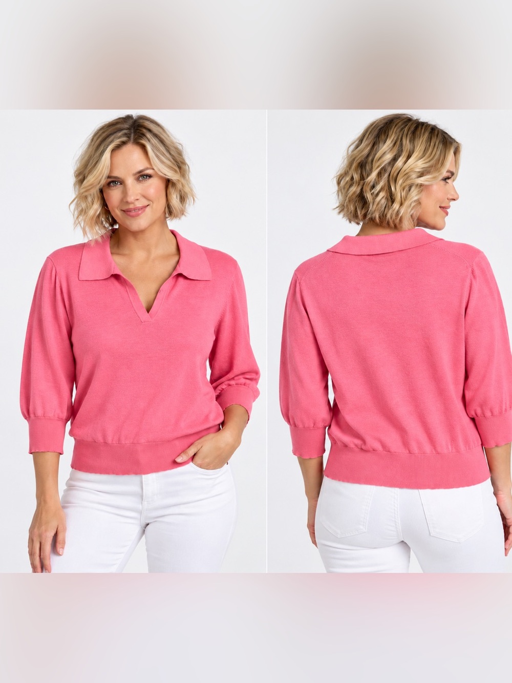 Ann Taylor Pink V-Neck Collared Pullover Sweater